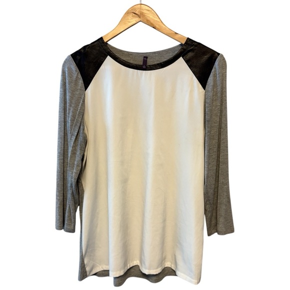 NYDJ Gray/White/Black Faux Leather Accent Raglan L/S Top, Womens size Large - Picture 2 of 11